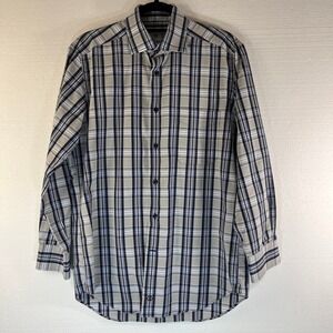David Donahue Mens Button Down Dress‎ Shirt Medium Plaid Gray Blue Long Sleeve